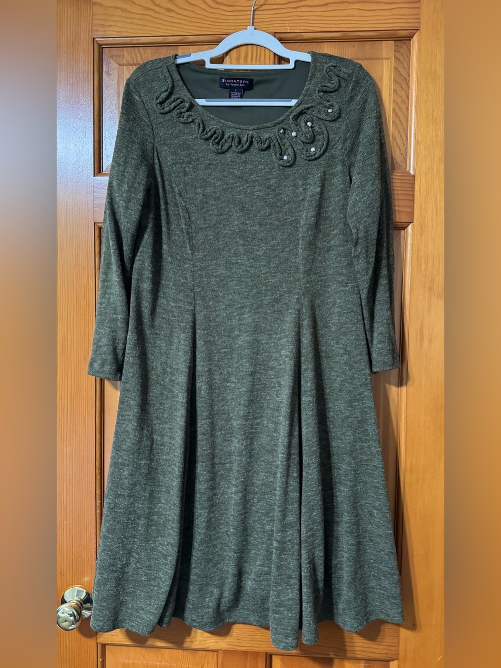 Robbie Bee Olive Green Knit A-Line Dress with Embellished Scoop Neck